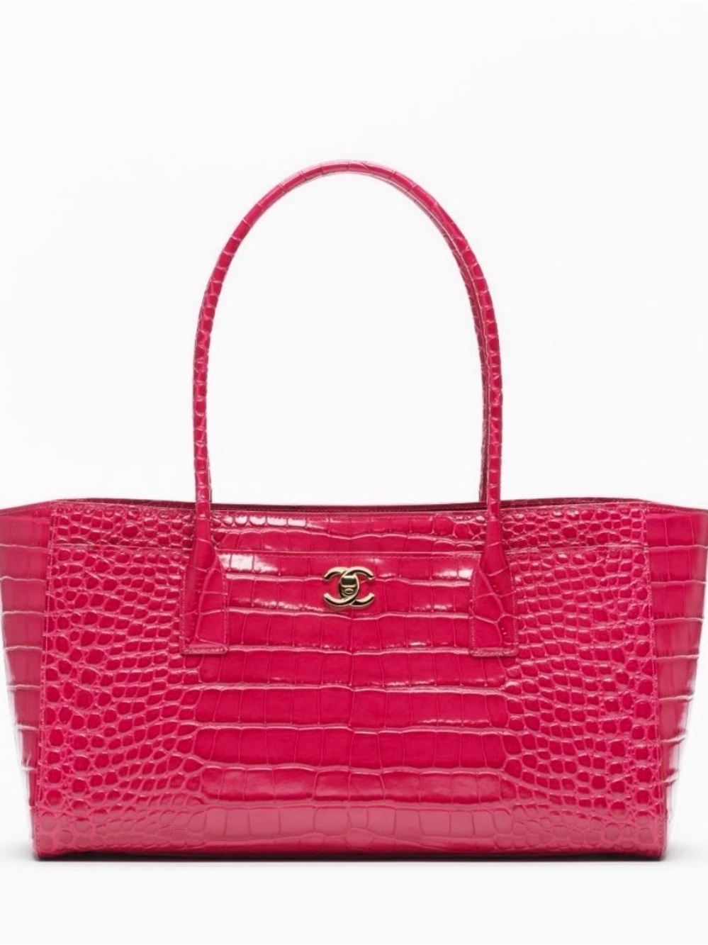 CHANEL Fuchsia Croc-Embossed Leather Tote with Gold CC Hardware